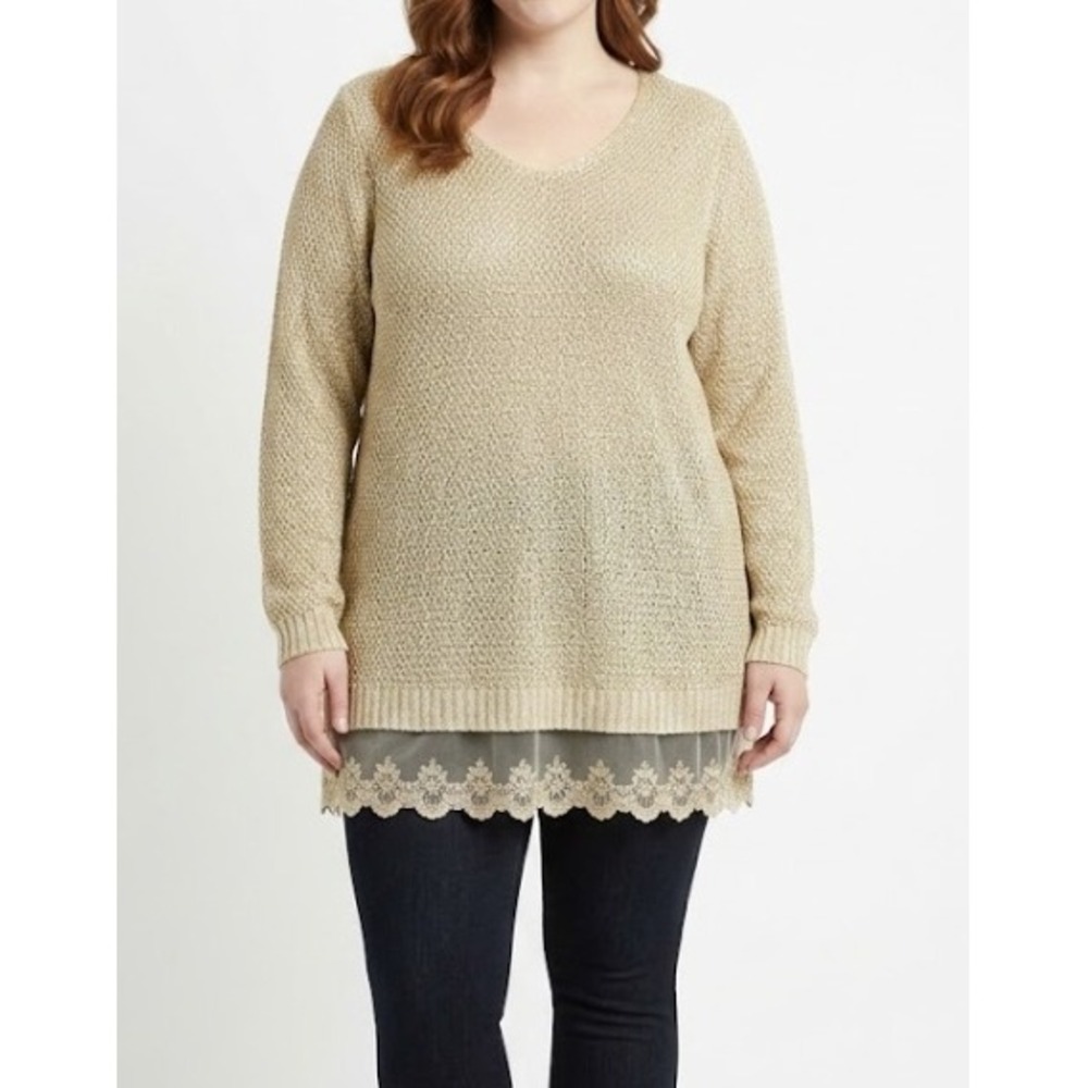 New Olivia Sky Tunic Sweater 2X Gold Yellow Lace Trim Layered Knit Pullover
